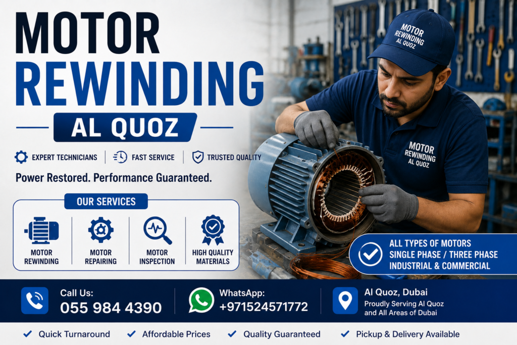Technician performing professional motor rewinding and repair service in Al Quoz Dubai
