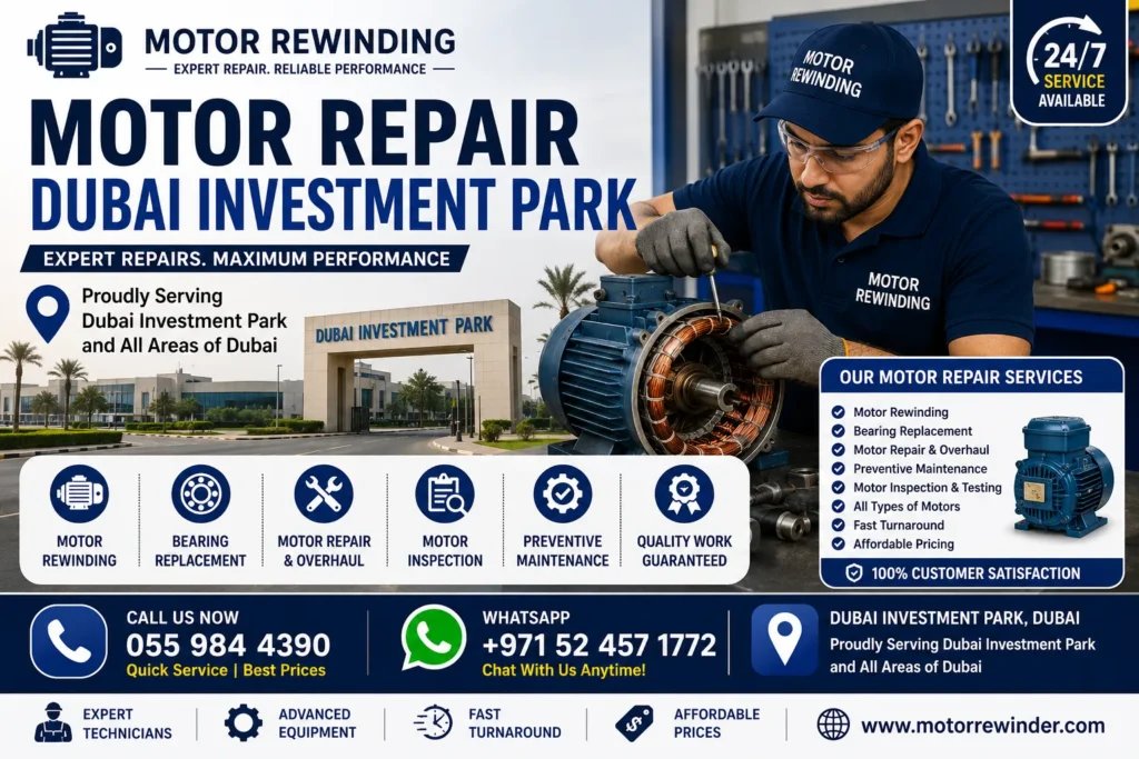 Motor Repair Dubai Investment Park technician repairing industrial electric motor