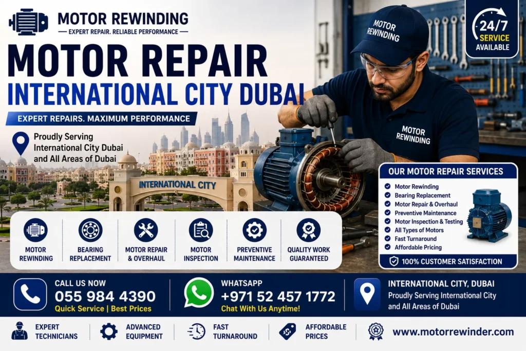Motor Repair International City Dubai technician repairing electric motor