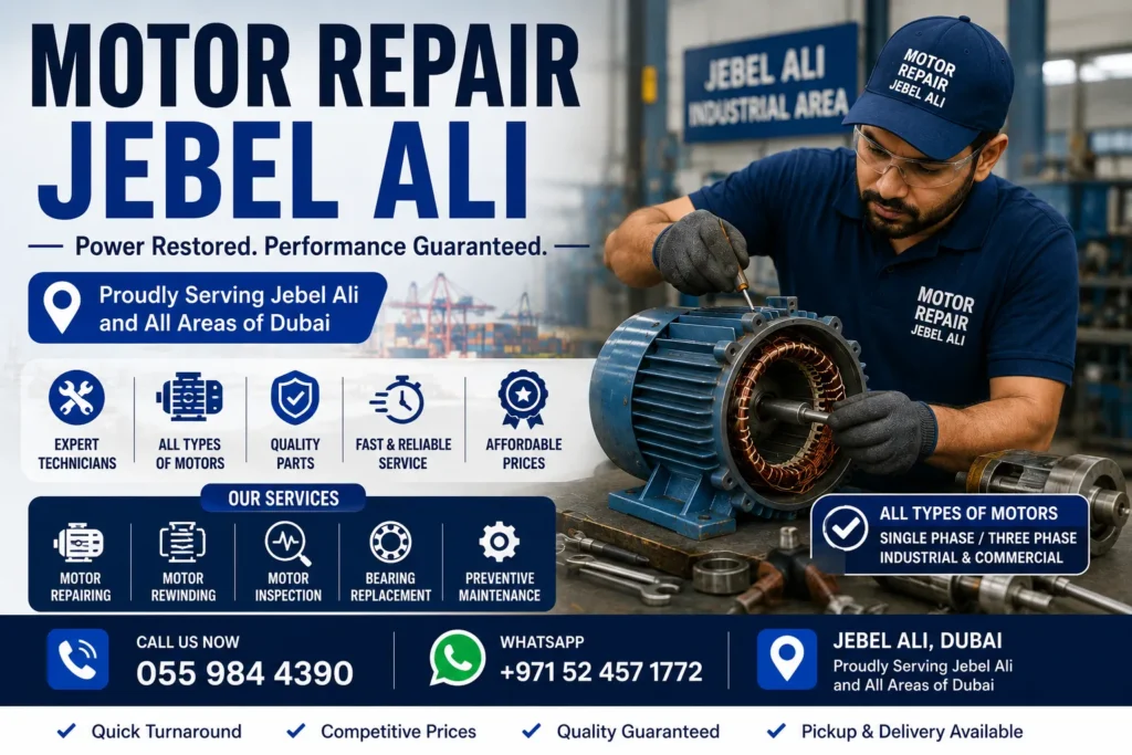 Technician performing industrial motor repair service in Jebel Ali Dubai