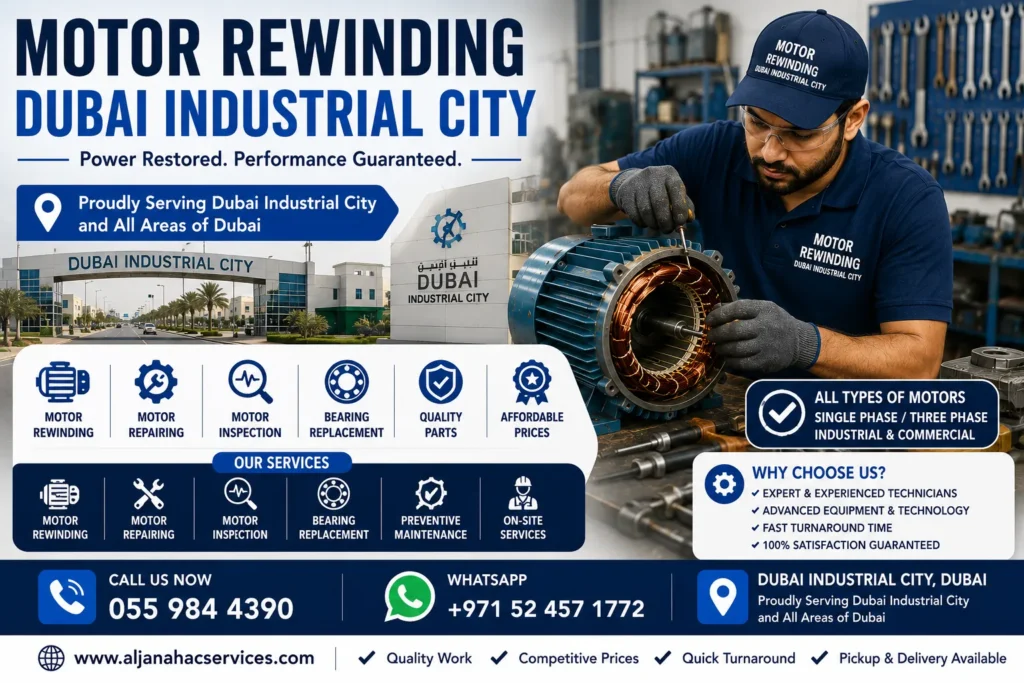 Motor Rewinding Dubai Industrial City service for industrial electric motors and machinery