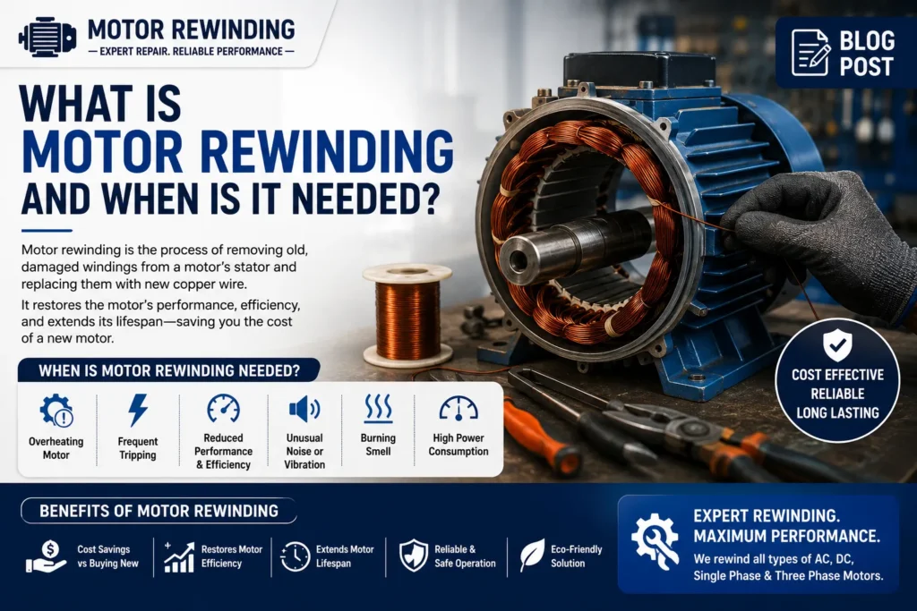 Motor Rewinding process showing technician repairing electric motor windings